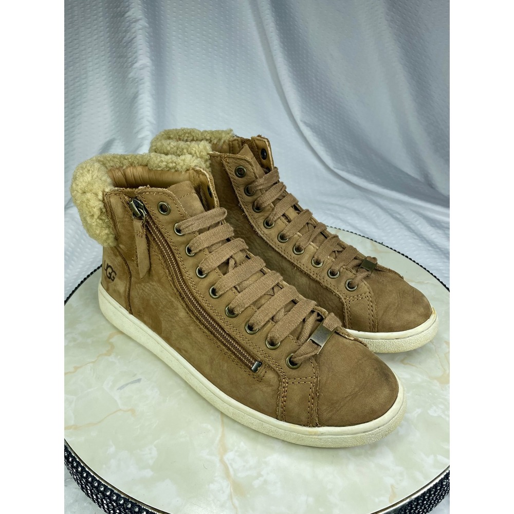 UGG Olive High Top Sneakers Womens 9.5 Chestnut Nubuck Leather Sheepskin 1019716